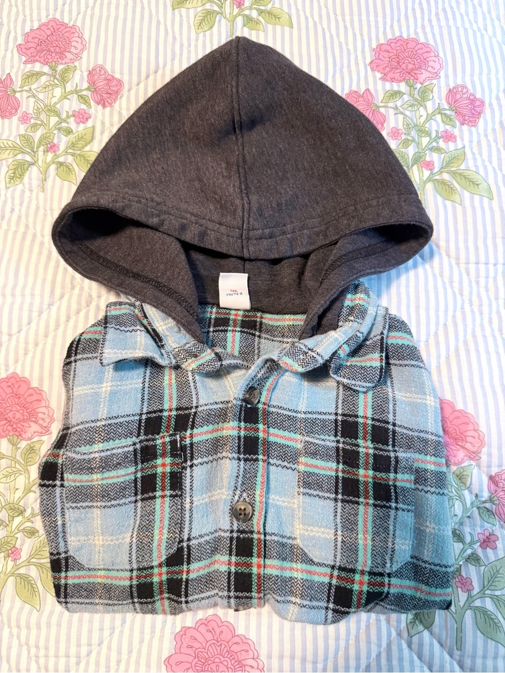 Old Navy Light Blue Plaid Shirt with  attached Gray Hoodie